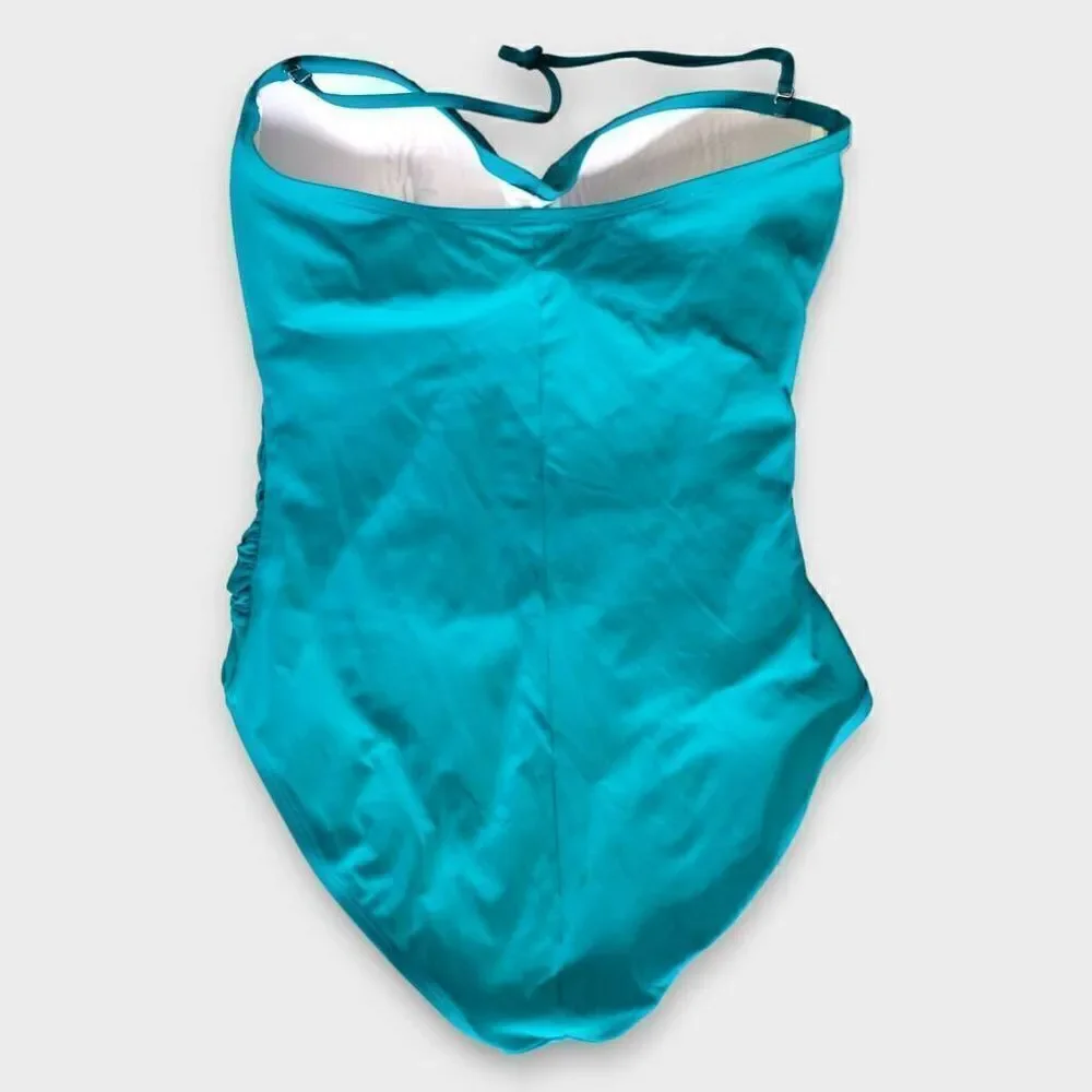 ANA Womens Swimsuit Sz 14 One Piece Turquoise Bra Support Ruched Torso High Legs